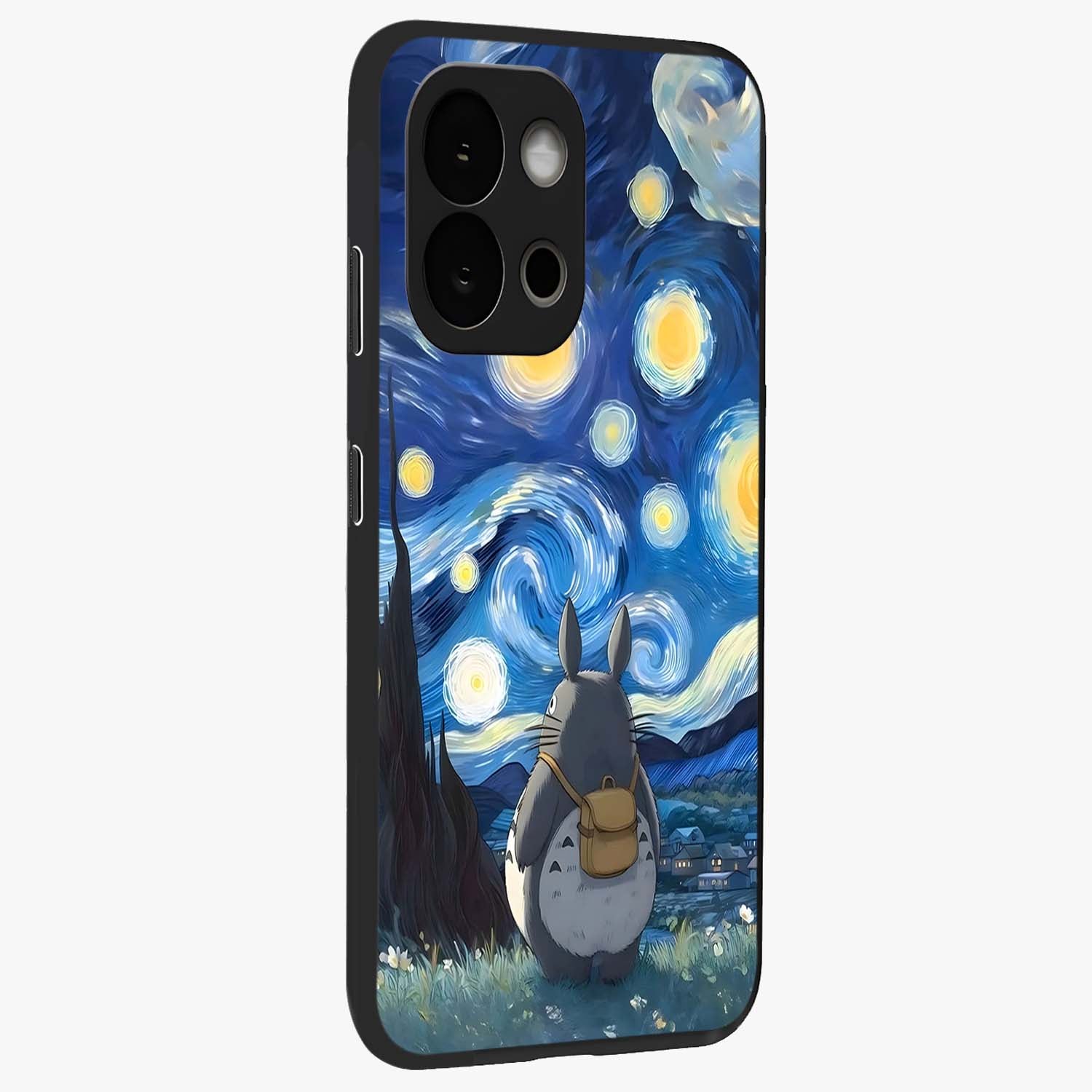 Totoro in Van Gogh Art Glass Case for 1+13S side perspective highlighting textured artistic patterns and premium edges