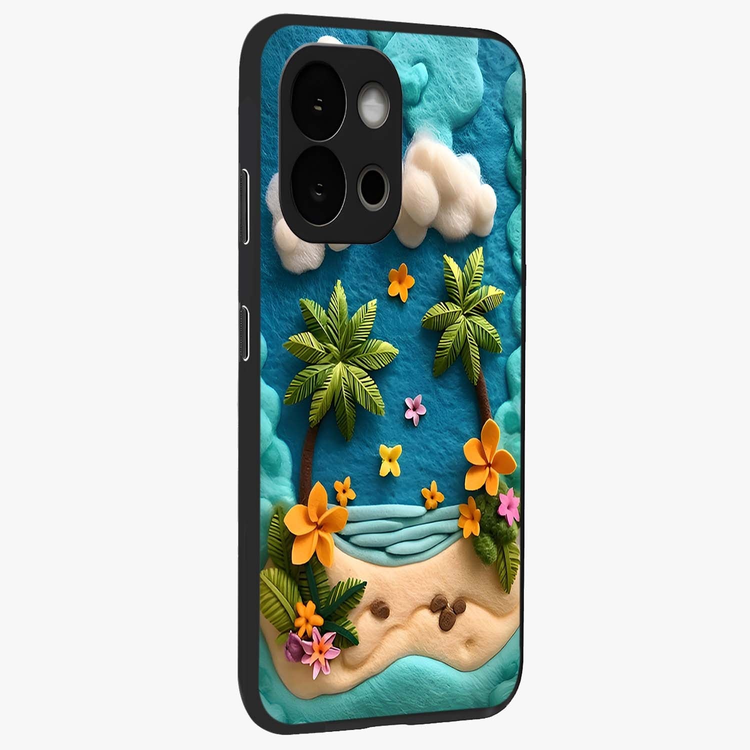 Tropical Felt Escape Glass Case for 1+13S side perspective highlighting lush textures and smooth build