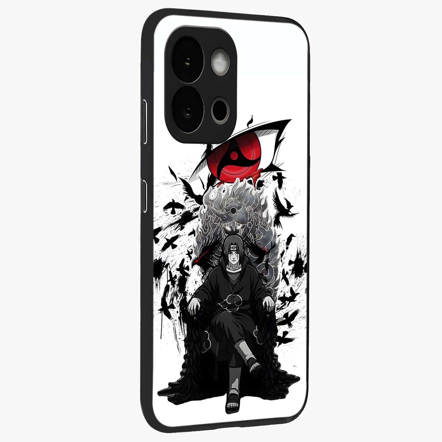 Uchiha Shadow Throne Glass Case for 1+13S side perspective highlighting bold character textures and premium edges
