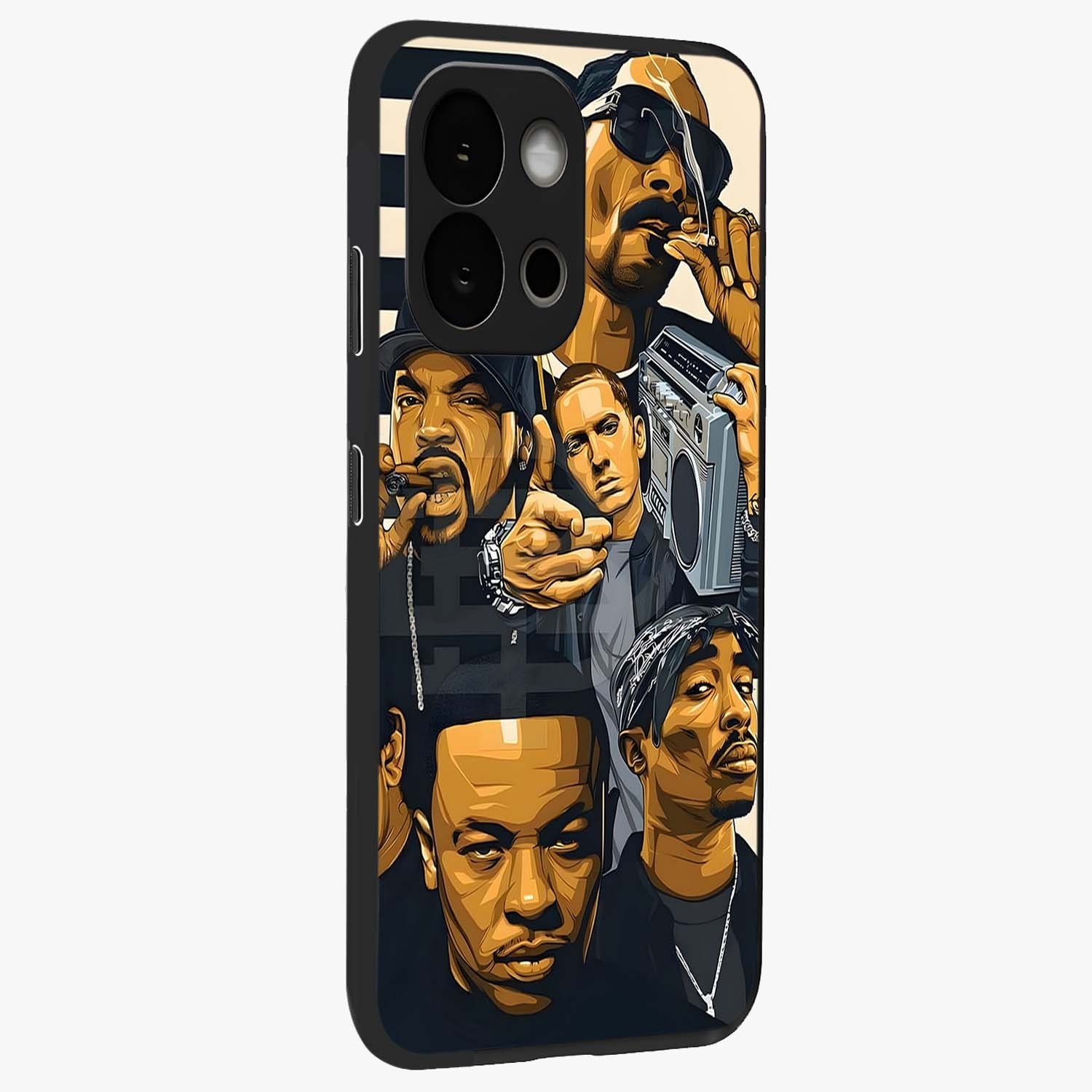 Urban Rap Legends Glass Case for 1+13S side perspective highlighting graphic textures and premium edges