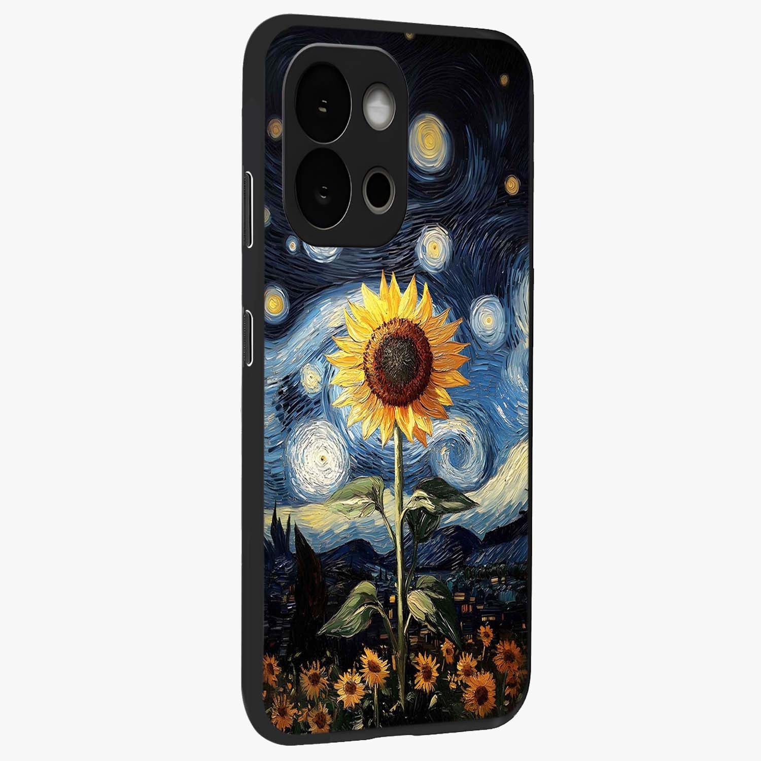 Van Gogh Sunflower Glass Case for 1+13S side perspective highlighting textured brushstroke details and premium edges