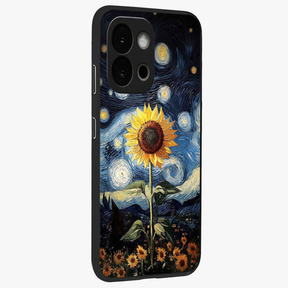 Van Gogh Sunflower Glass Case for 1+13S side perspective highlighting textured brushstroke details and premium edges