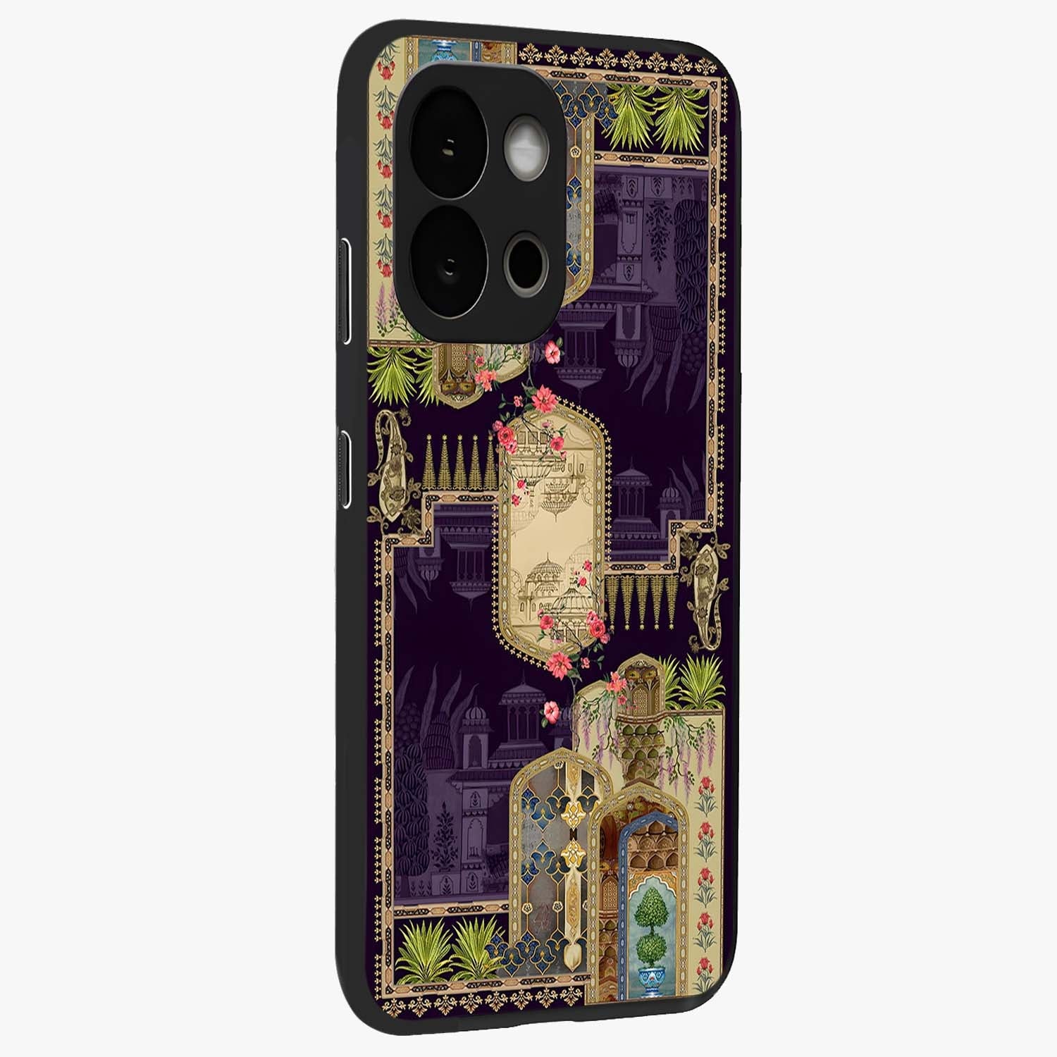 Velvet Mughal Art Glass Case for 1+13S side perspective highlighting ornate detailing and smooth premium build