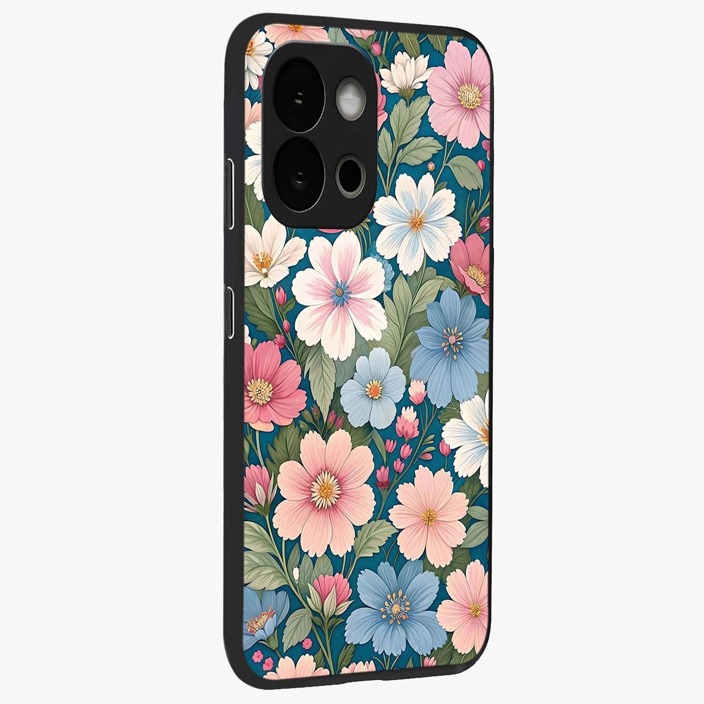 Vintage Floral Charm Glass Case for 1+13S side perspective highlighting refined floral textures and premium edges