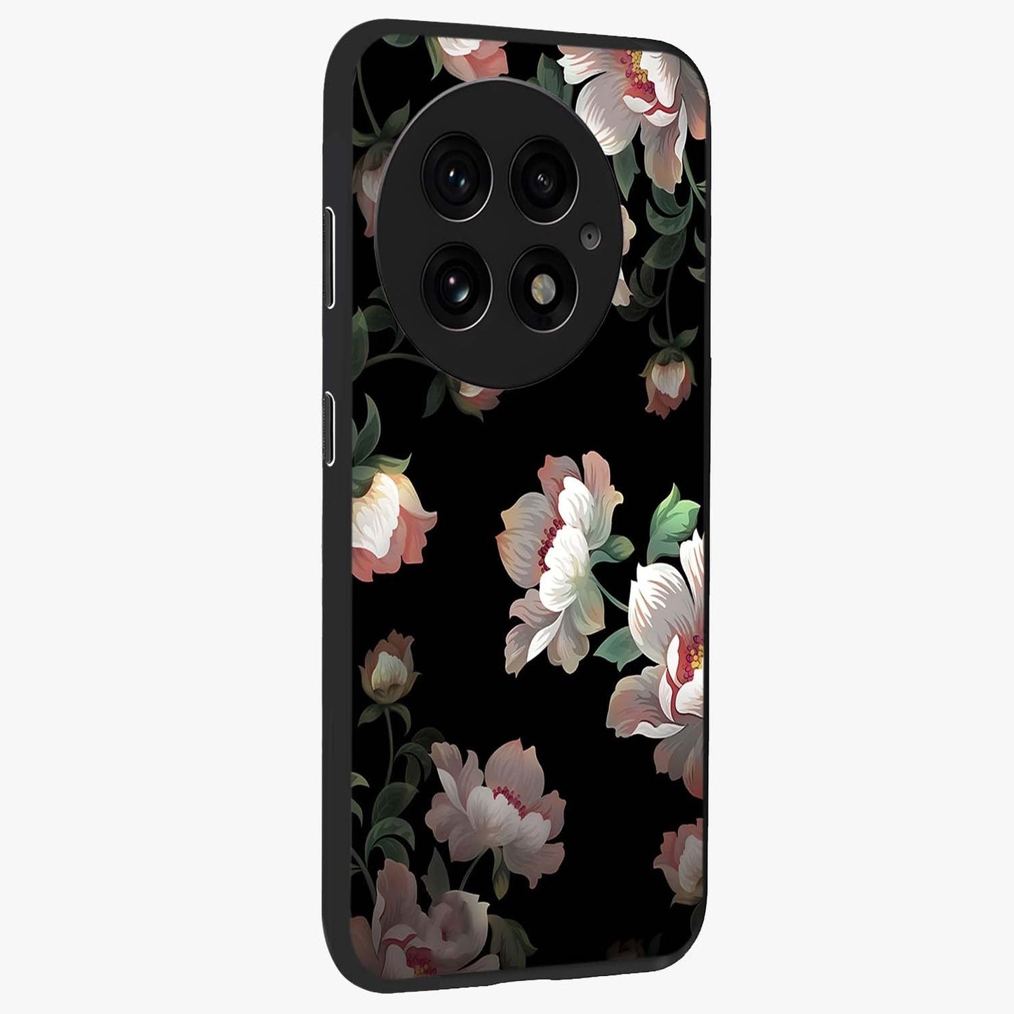 Abstract Embossed Blooming Bright Flower Glass Case for 1+13 side perspective highlighting bright embossed flower texture