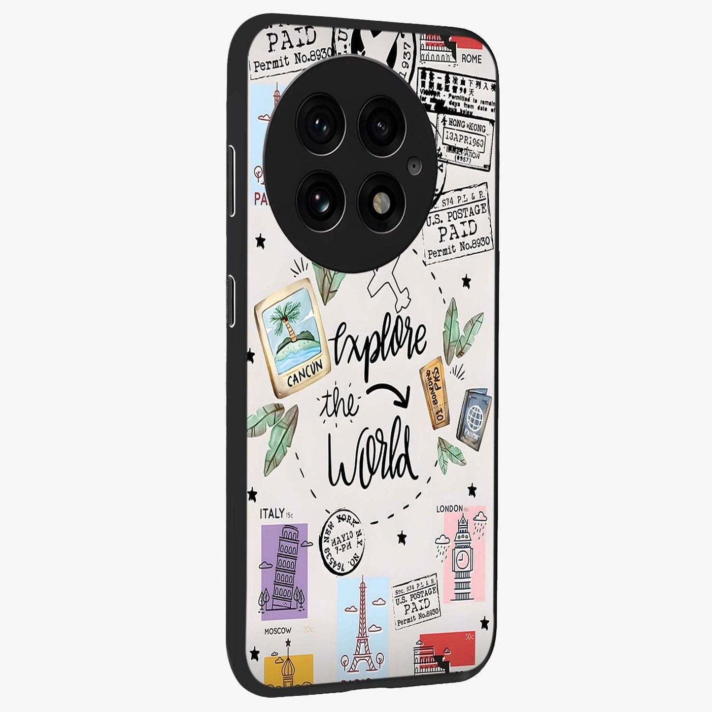 Adventure Awaits Art Glass Case for 1+13 side perspective highlighting motivational travel graphic details