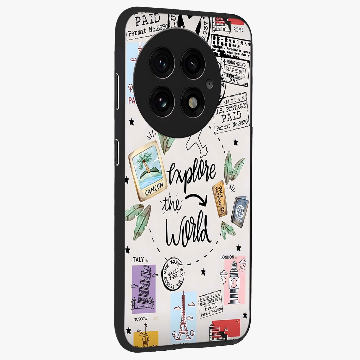 Adventure Awaits Art Glass Case for 1+13 side perspective highlighting motivational travel graphic details