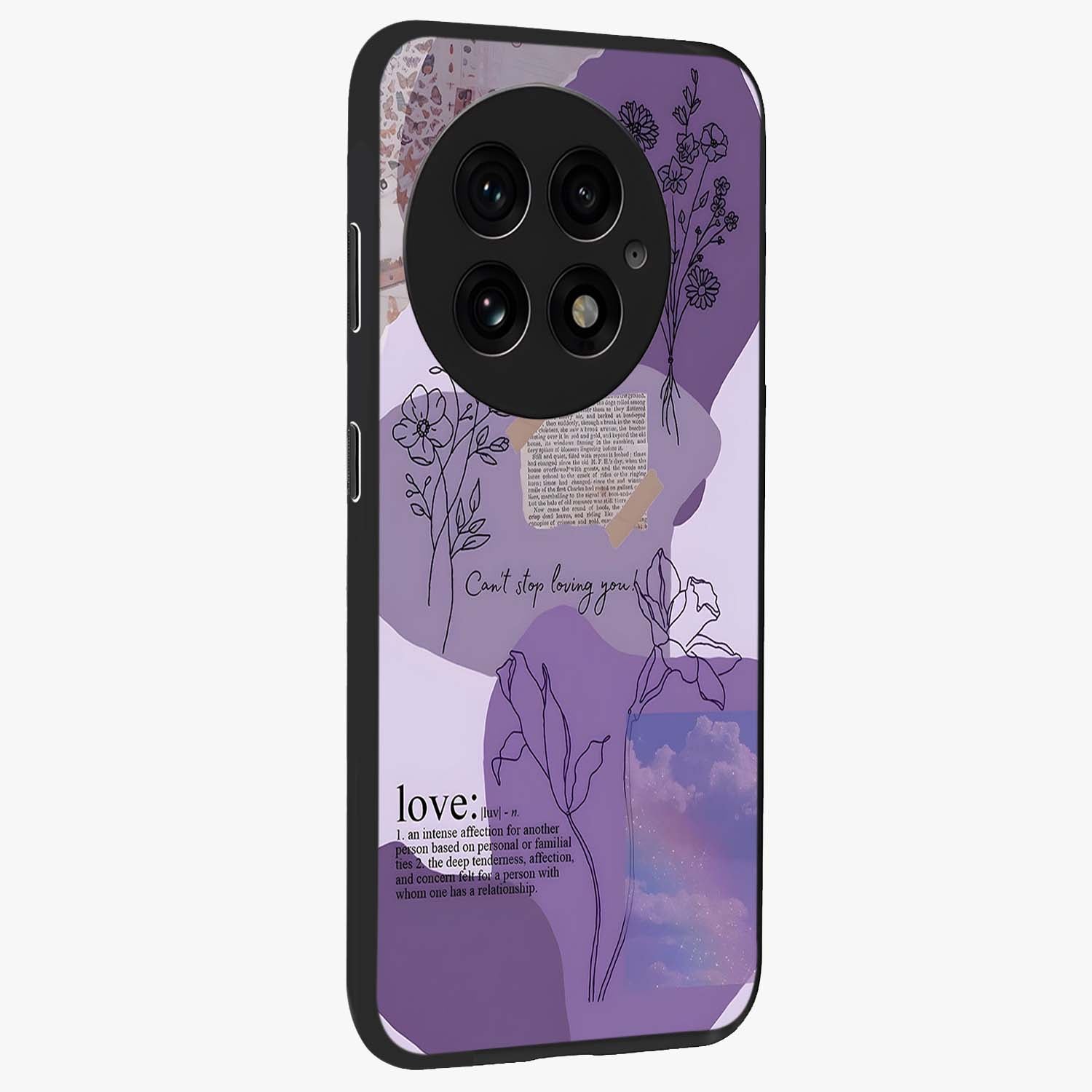 Aesthetic Love With Flower Glass Case for 1+13 side perspective highlighting delicate flower illustration details