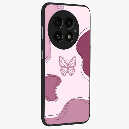 Aesthetic Pinkish Custom Name Butterfly Glass Case for 1+13 side perspective highlighting premium edges and butterfly detailing
