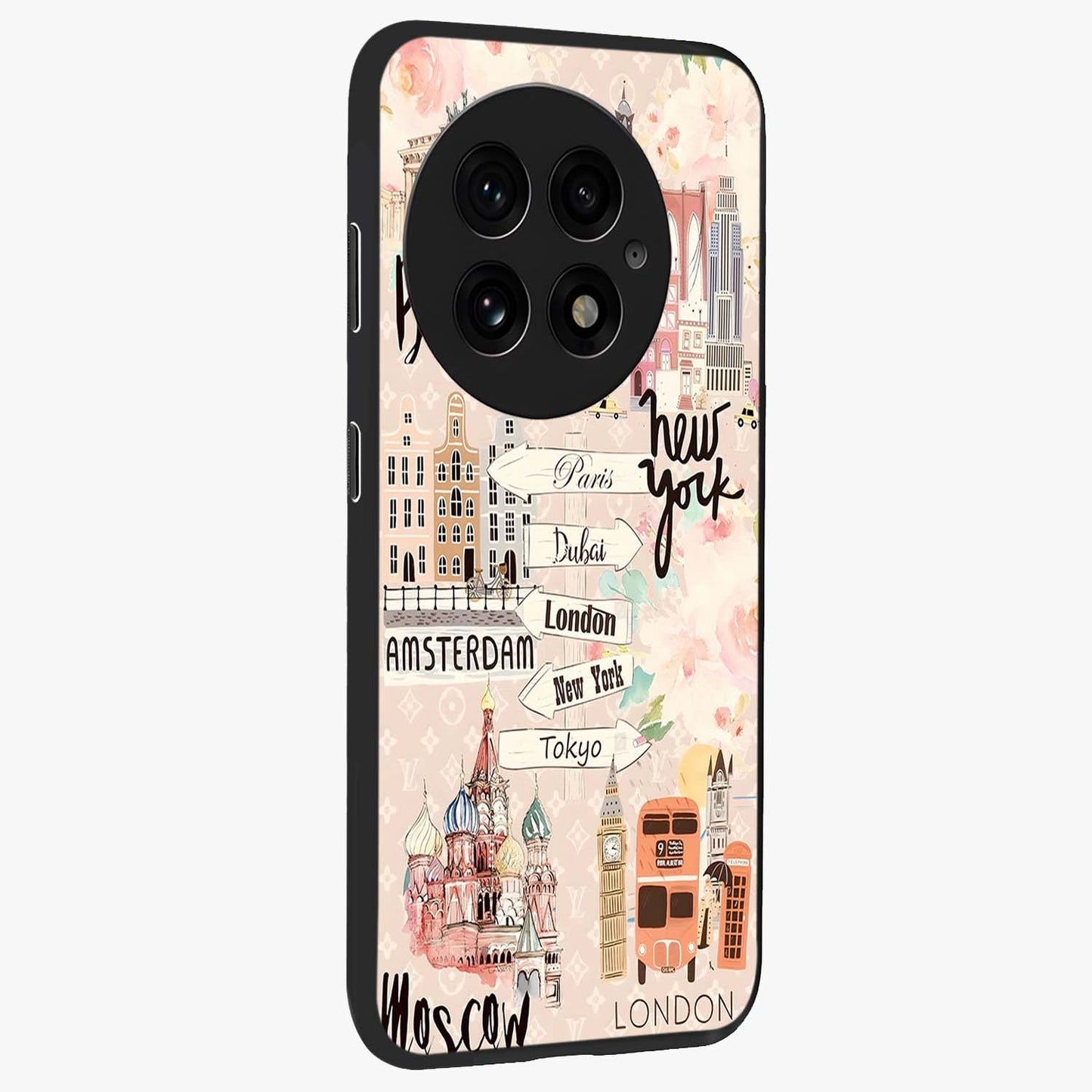 Aesthetic Travel Glass Case for 1+13 side perspective highlighting bold travel graphic details