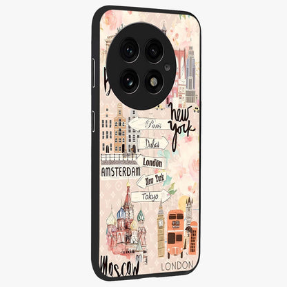Aesthetic Travel Glass Case for 1+13 side perspective highlighting bold travel graphic details