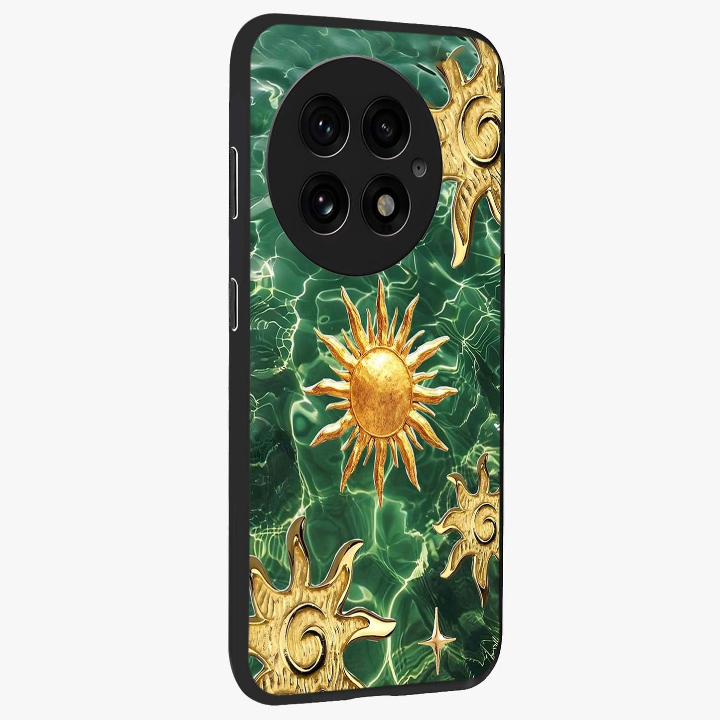 Aqua Sun Mirage Glass Case for 1+13 side perspective highlighting bold mirage style design details