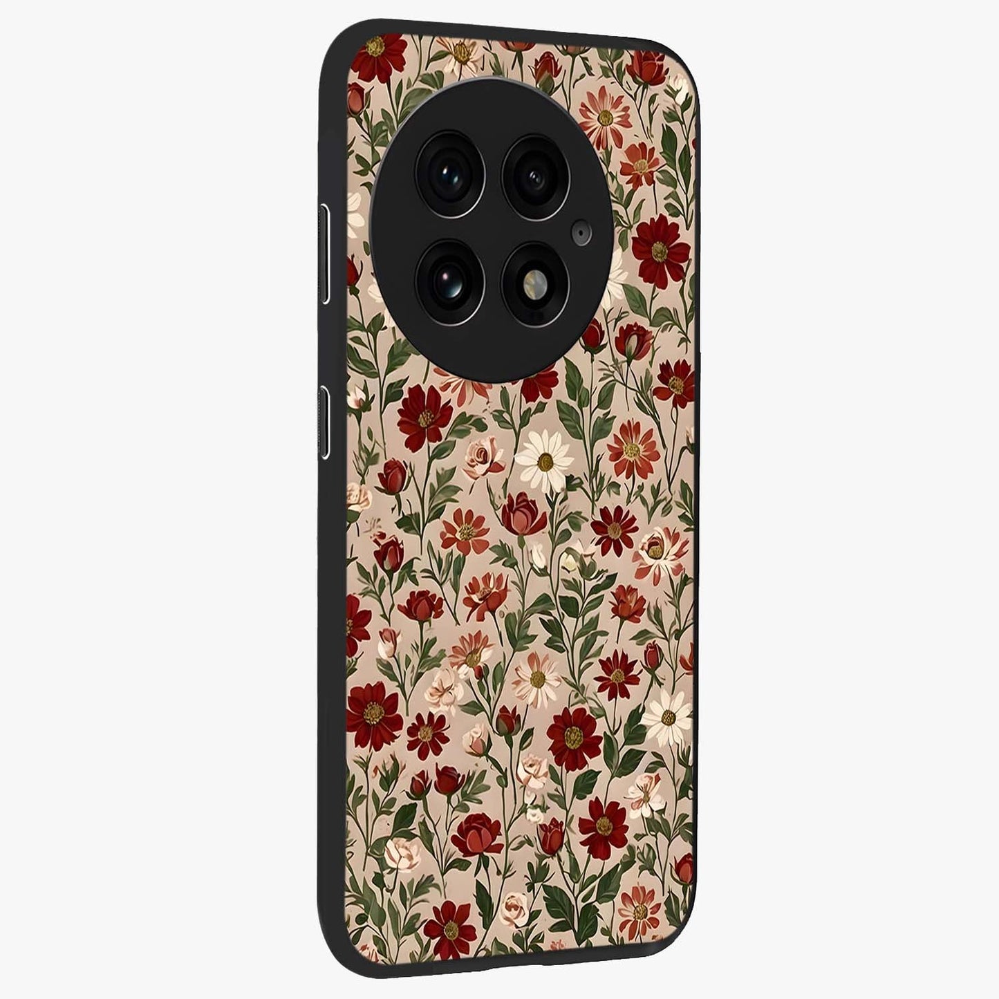 Biege Flower With Leaf Glass Case for 1+13 side perspective highlighting subtle tones and elegant flower texture