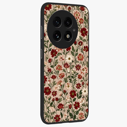 Biege Flower With Leaf Glass Case for 1+13 side perspective highlighting subtle tones and elegant flower texture