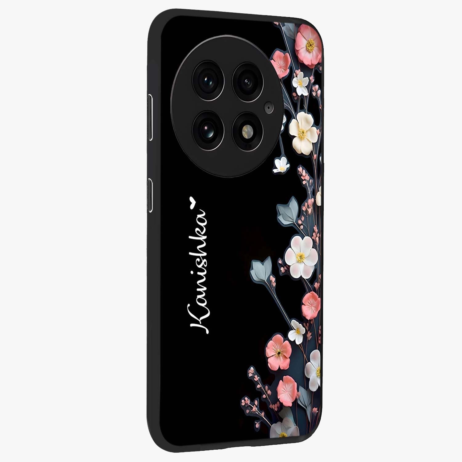Black Elegance Floral Custom Name Glass Case for 1+13 side perspective highlighting elegant floral detailing and premium edges