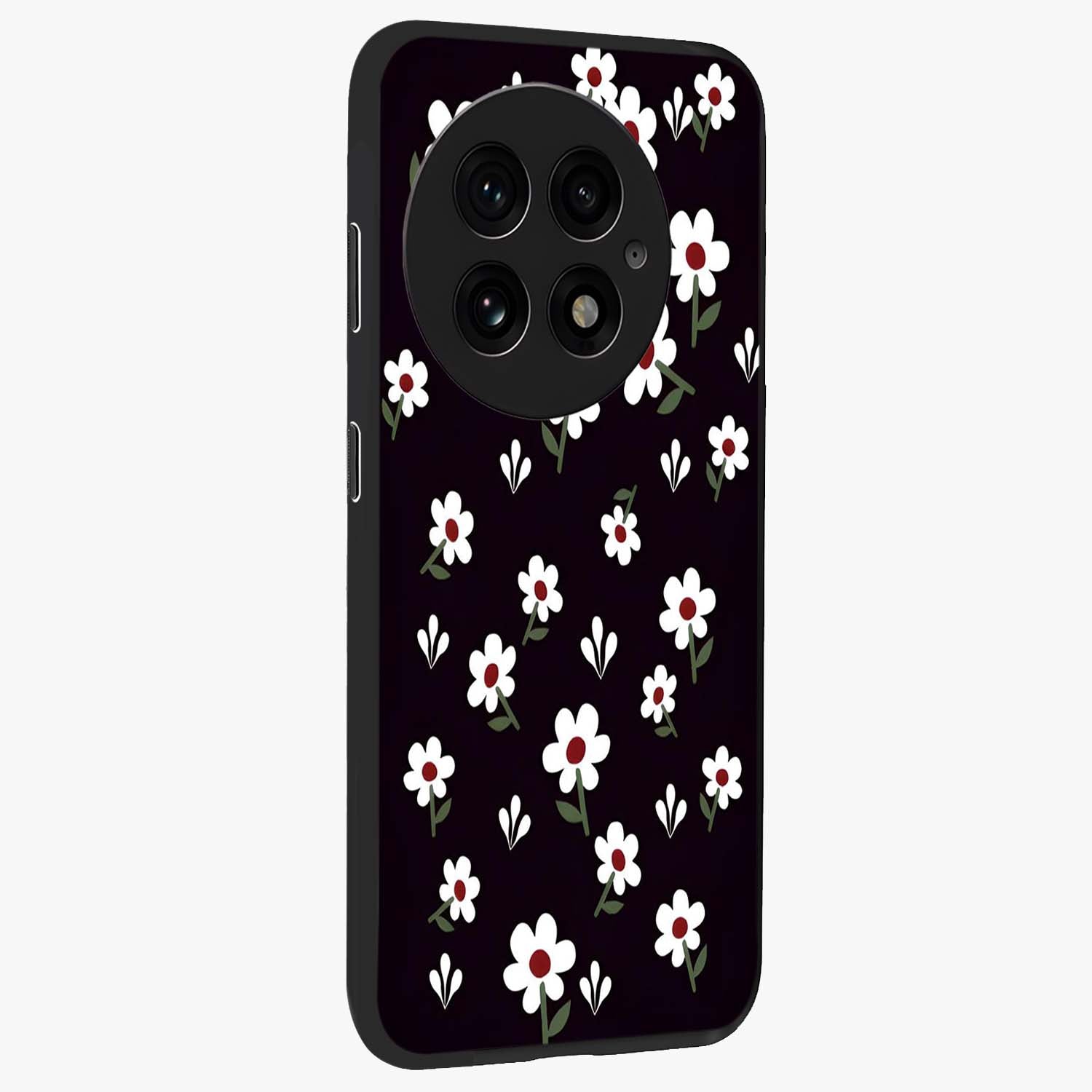 Black Prints Daisy Flower Pattern Glass Case for 1+13 side perspective highlighting delicate daisy details and smooth edges