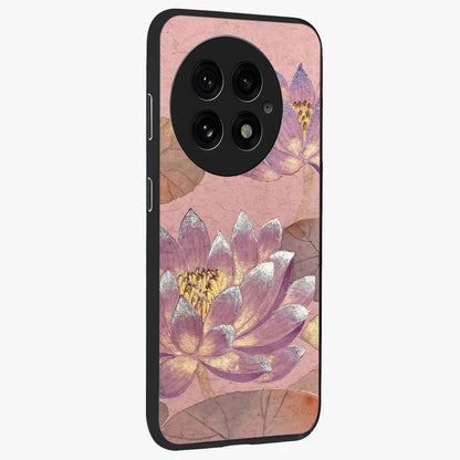 Blossom Mist Lotus Glass Case for 1+13 side perspective highlighting elegant lotus illustration and premium build
