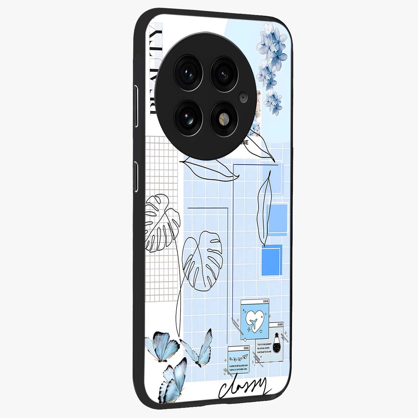 Blue Aesthetic Flower Glass Case for 1+13 side perspective highlighting calming blue tones and premium detailing