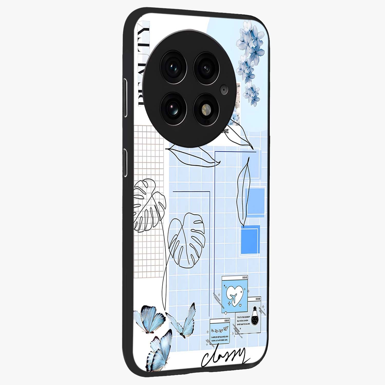 Blue Aesthetic Flower Glass Case for 1+13 side perspective highlighting calming blue tones and premium detailing