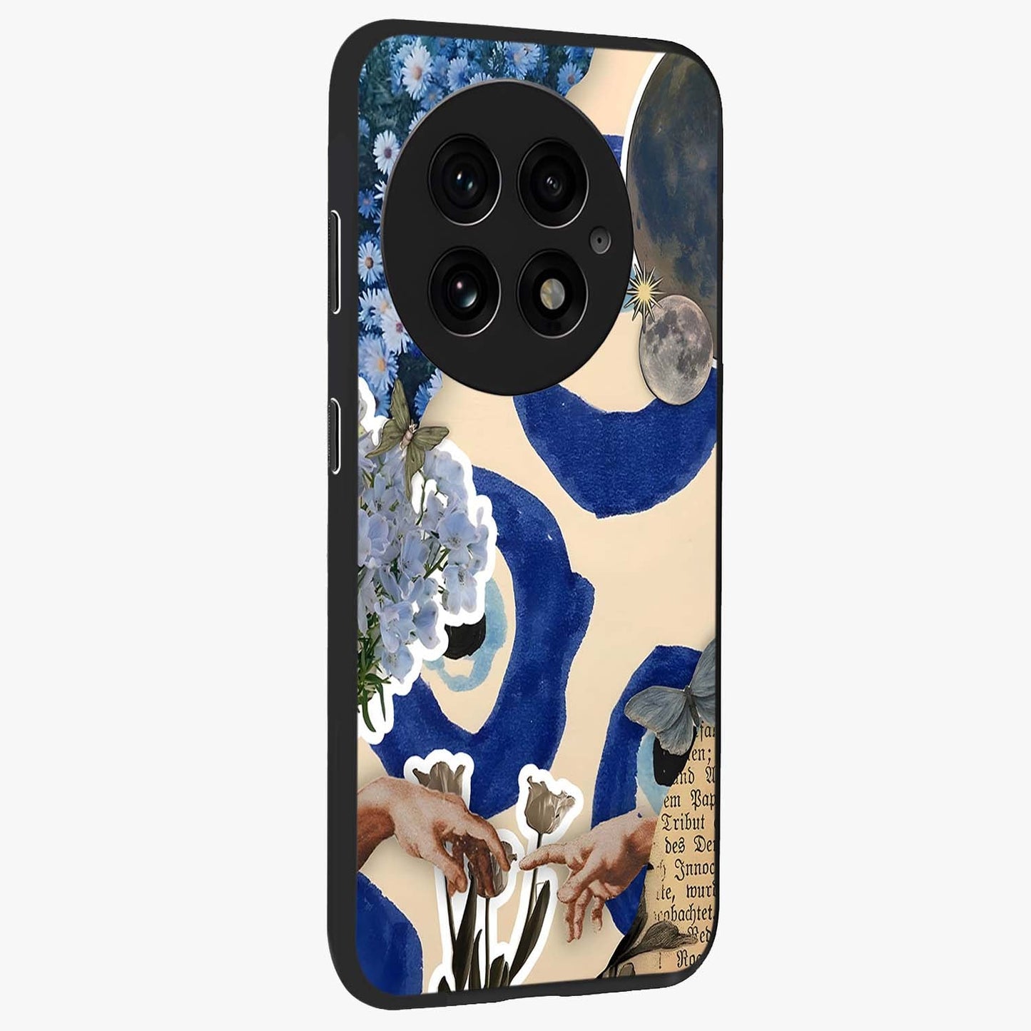 Blue Evil Divine Glass Case for 1+13 side perspective highlighting protective charm detailing and smooth premium edges