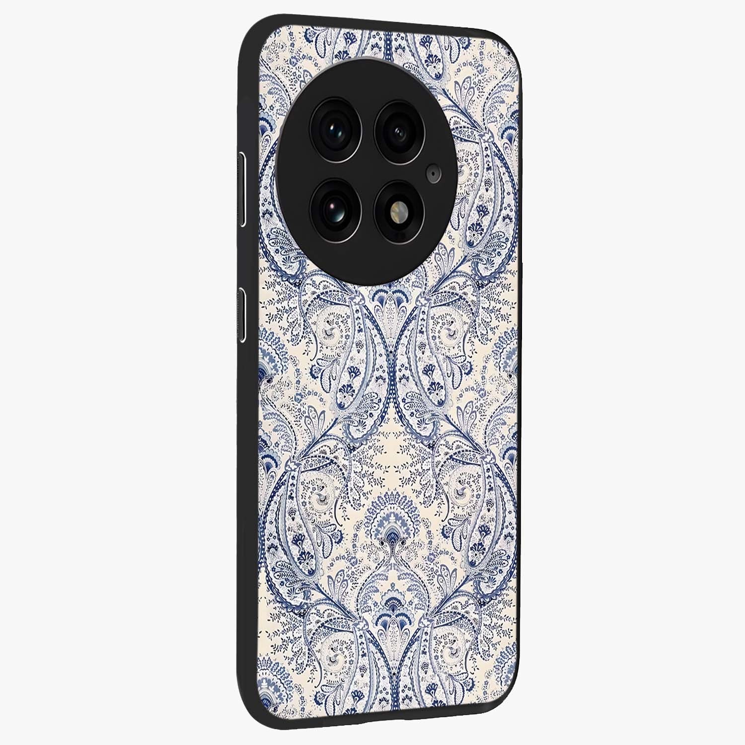 Blue Paisley Bloom Glass Case for 1+13 side perspective highlighting elegant paisley textures and premium build