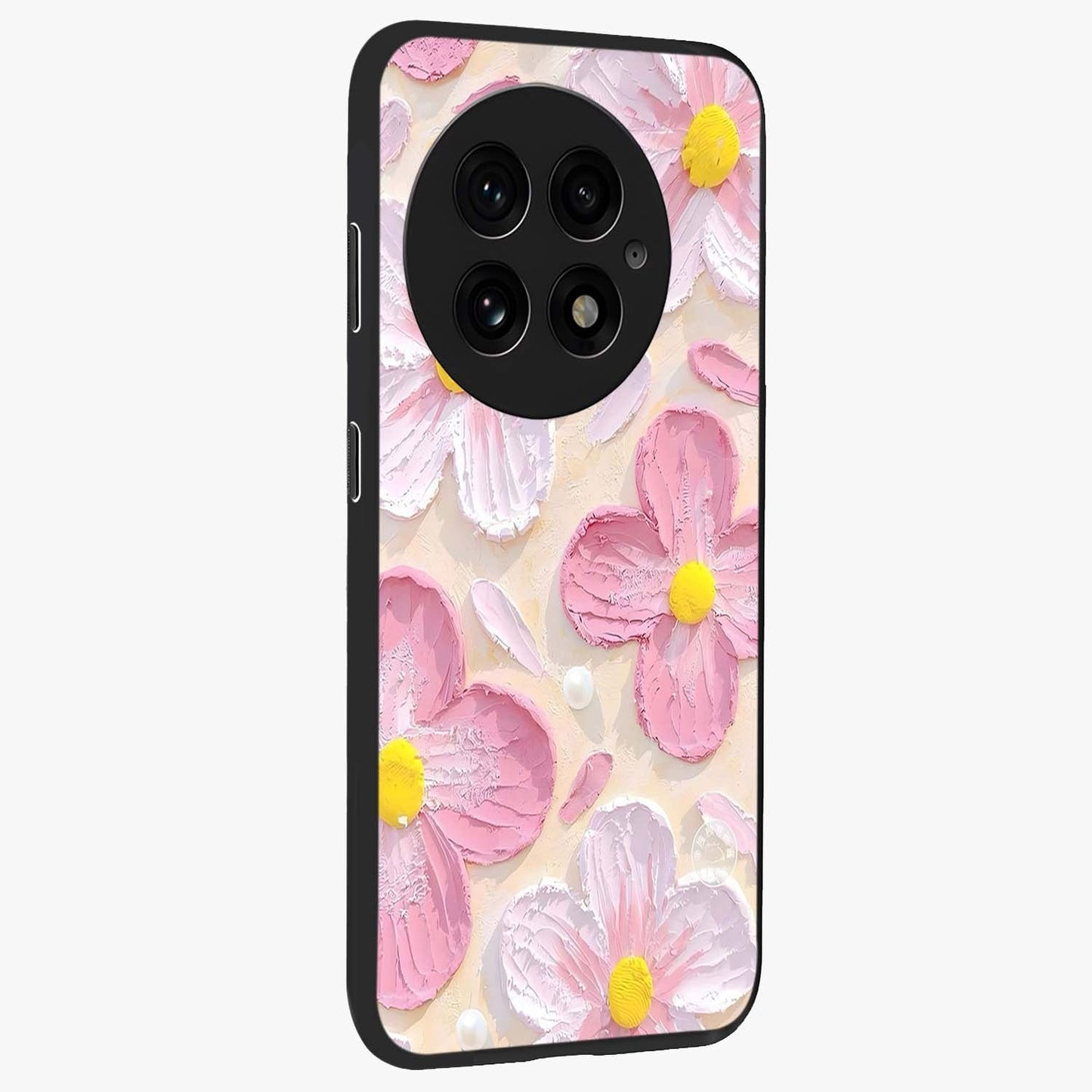 Blush Bloom Texture Glass Case for 1+13 side perspective highlighting rich floral textures and smooth edges