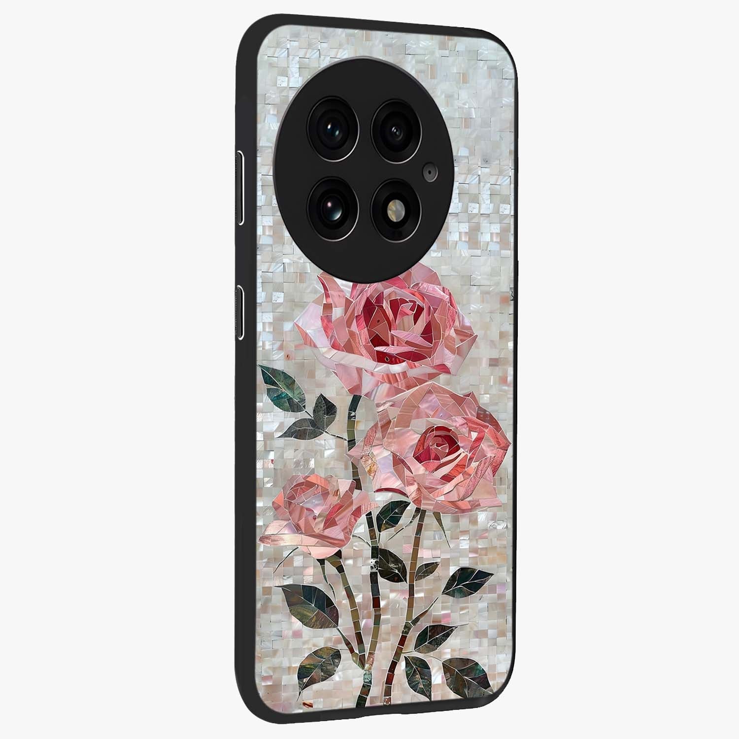 Blush Luxe Bloom Glass Case for 1+13 side perspective highlighting elegant floral textures and sleek edges