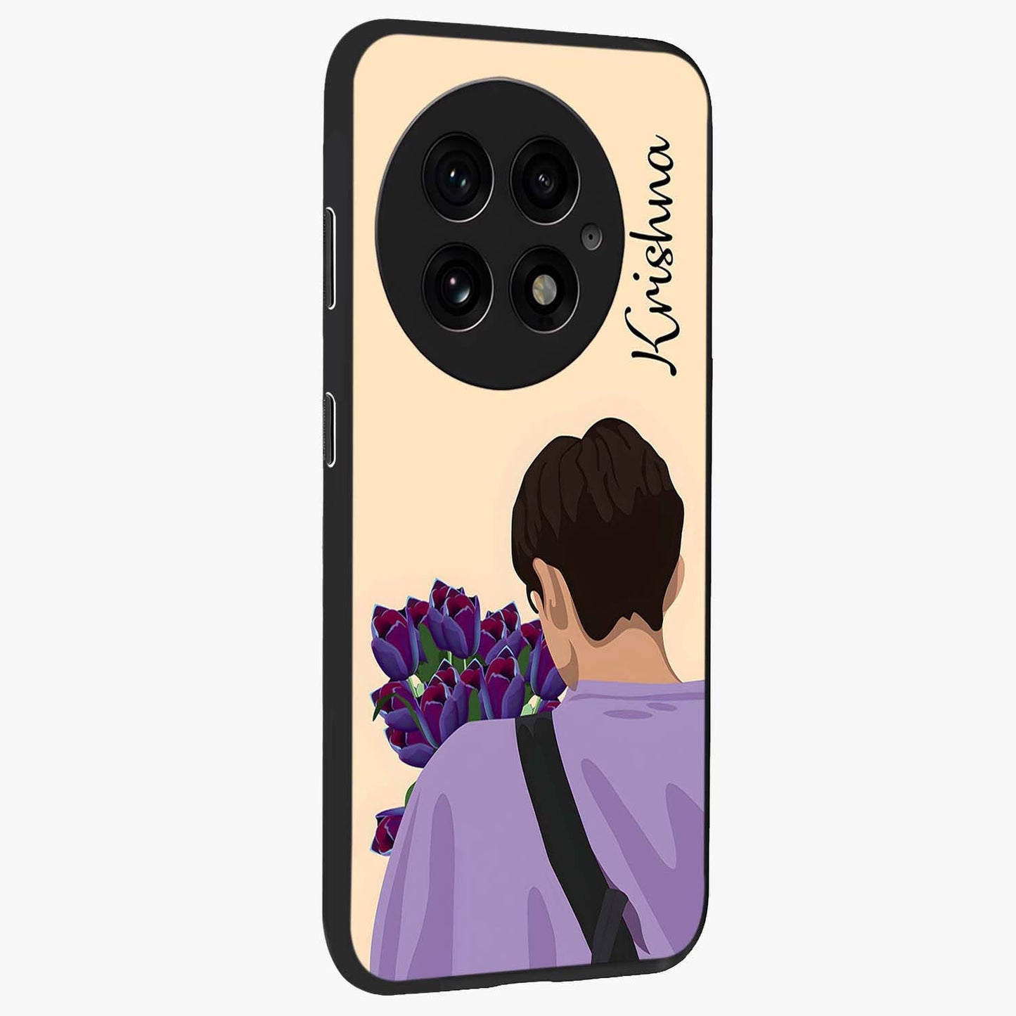 Boy Holding Flowers Glass Case for 1+13 side perspective highlighting delicate flower details and premium build