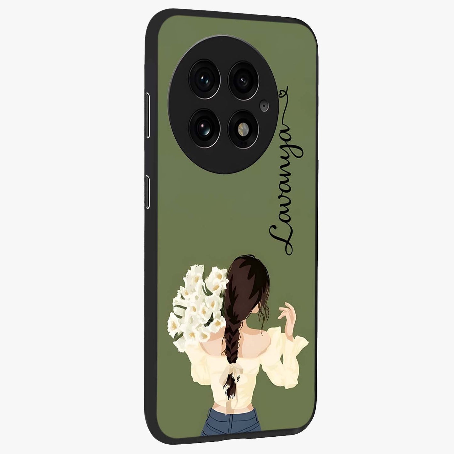 Braided Spring Beauty With Custom Name Glass Case for 1+13 side perspective highlighting custom name typography and smooth edges