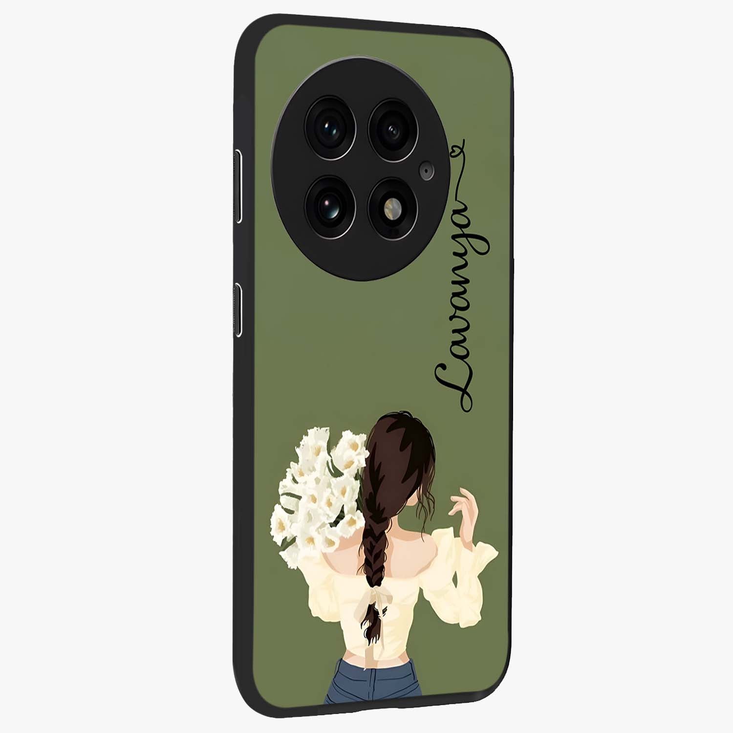 Braided Spring Beauty With Custom Name Glass Case for 1+13 side perspective highlighting custom name typography and smooth edges