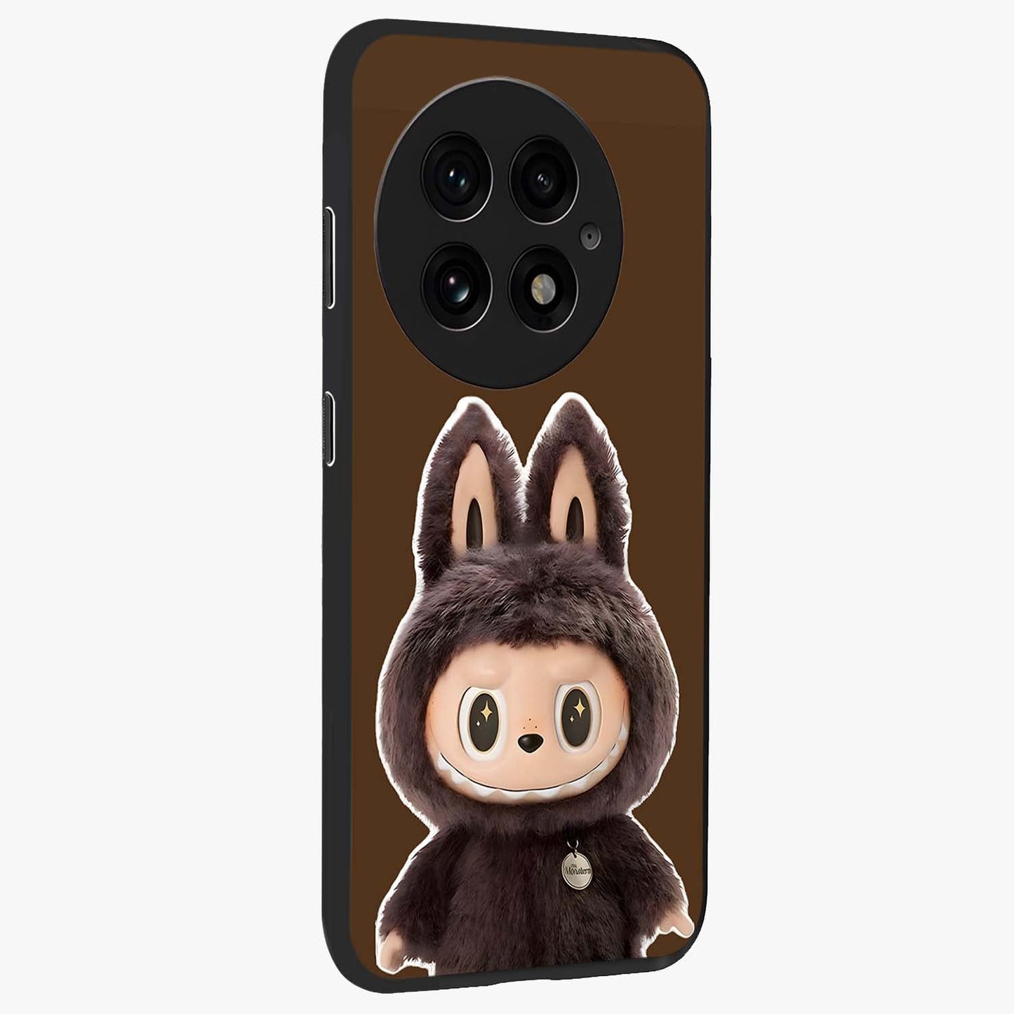 Brown Labubu Design Glass Case for 1+13 side perspective highlighting charming character detailing and smooth edges