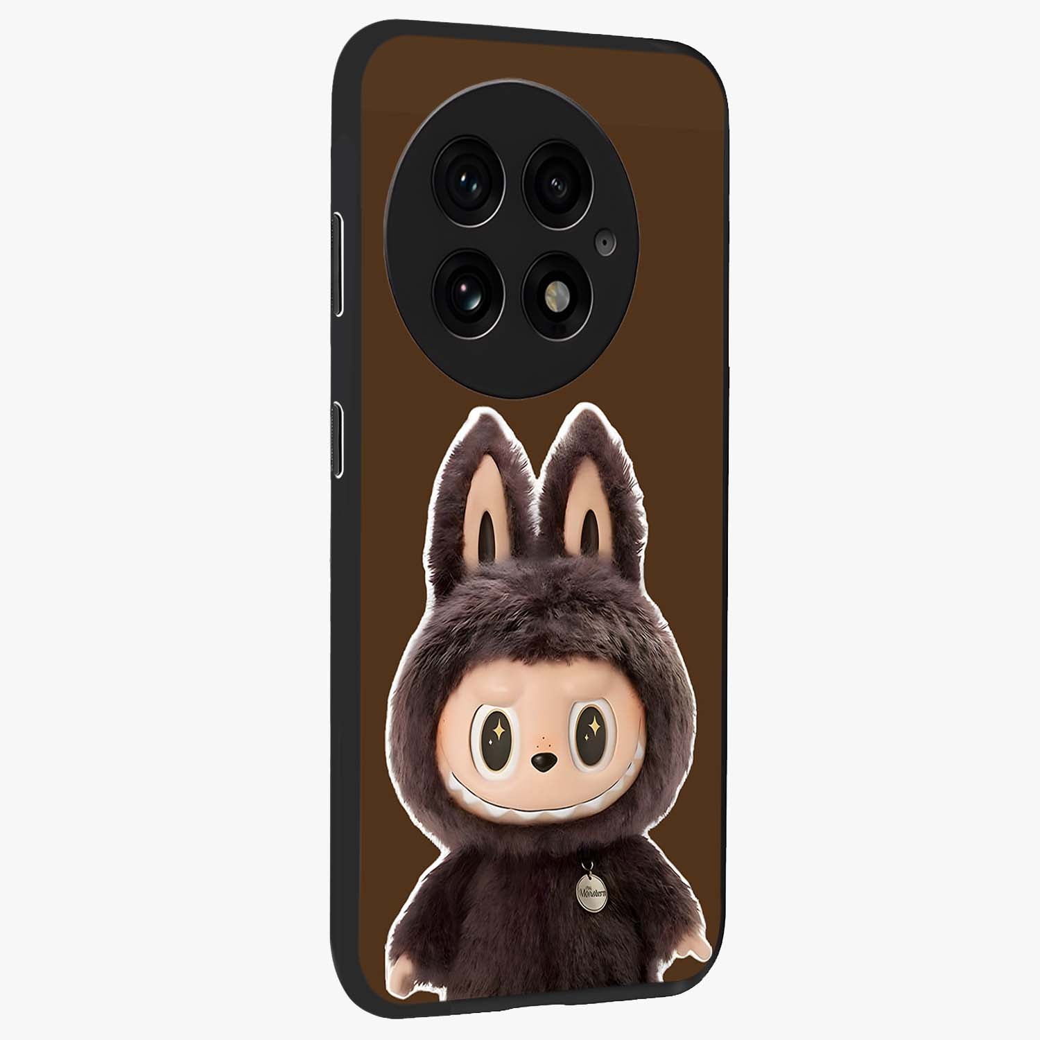 Brown Labubu Design Glass Case for 1+13 side perspective highlighting charming character detailing and smooth edges