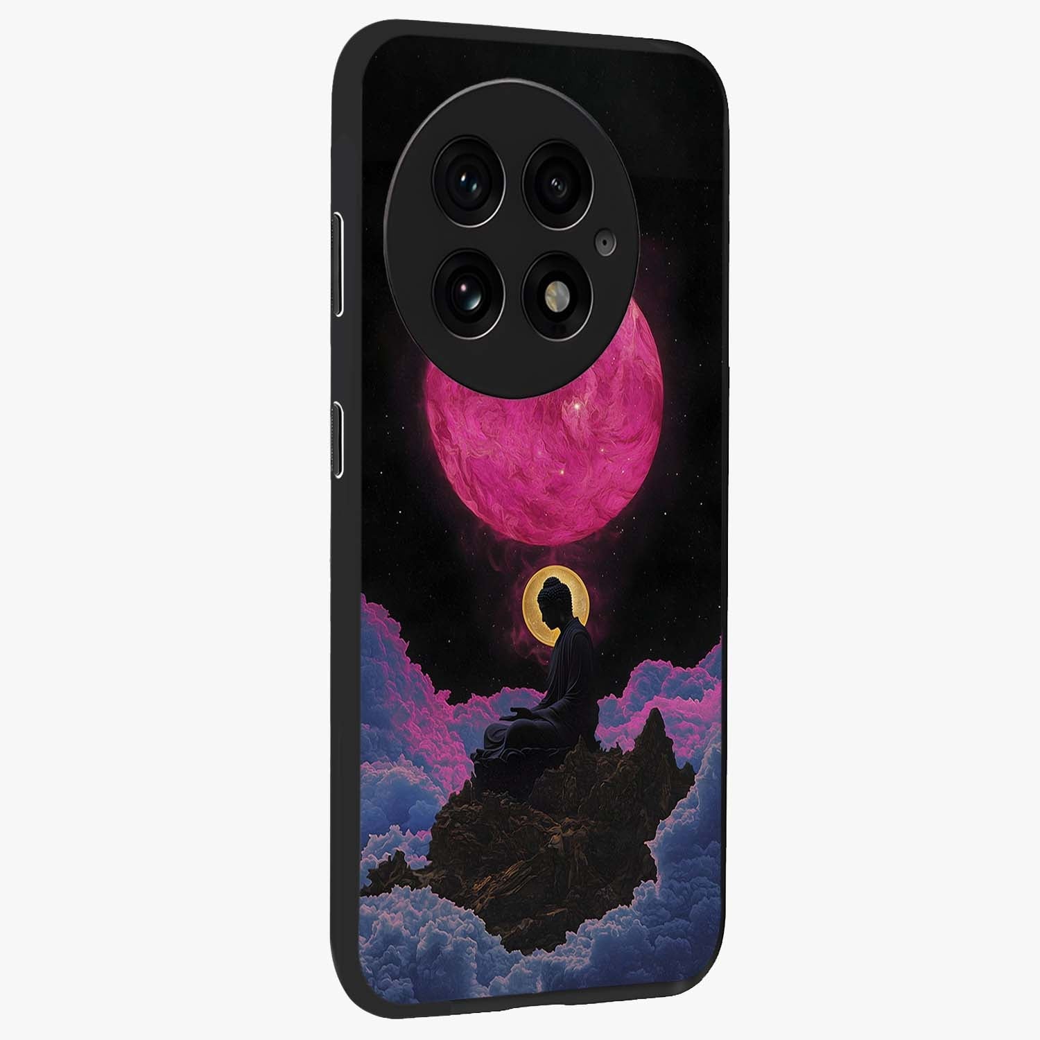 Buddha and Planets Glass Case for 1+13 side perspective highlighting divine illustration details and premium build