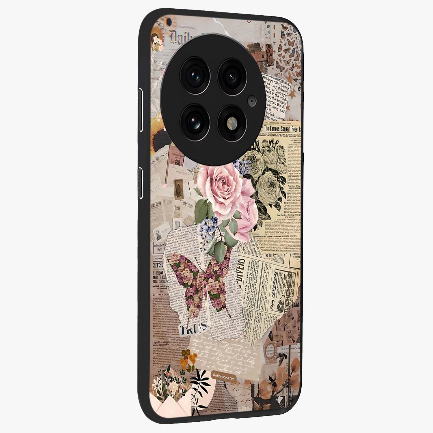 Butterfly News Bloom Glass Case for 1+13 side perspective highlighting intricate bloom details and premium finish