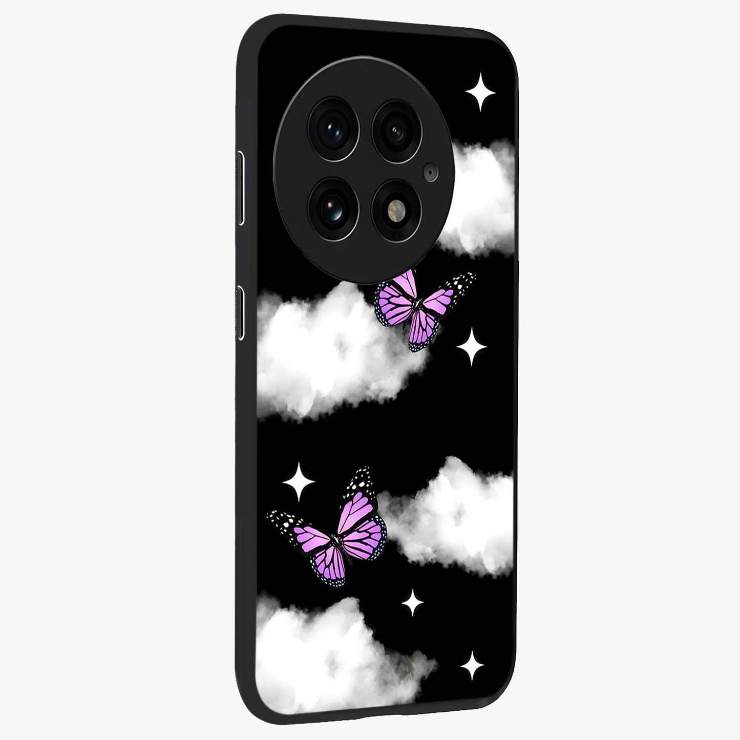 Butterfly Night Drift Glass Case for 1+13 side perspective highlighting glowing butterfly details and sleek edges