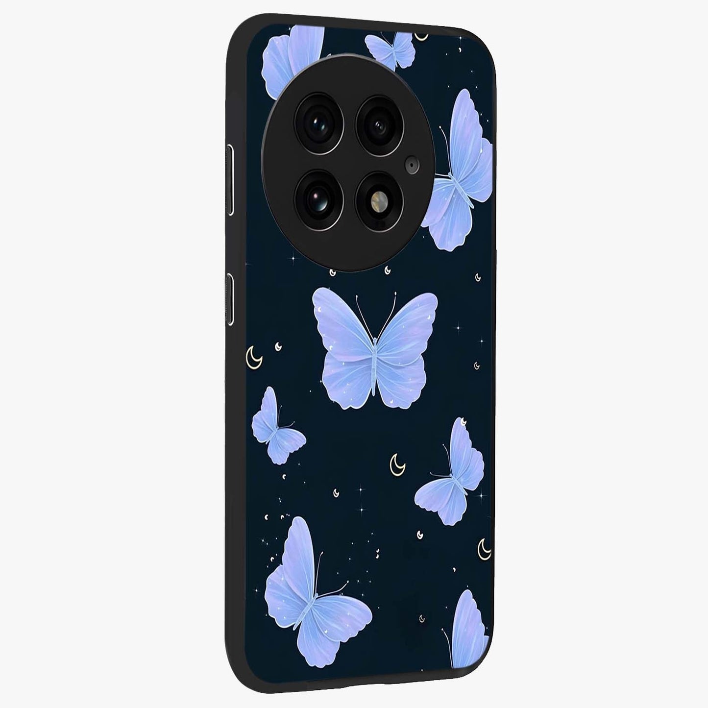Butterfly With Stars Pattern Glass Case for 1+13 side perspective highlighting glowing star details and premium edges