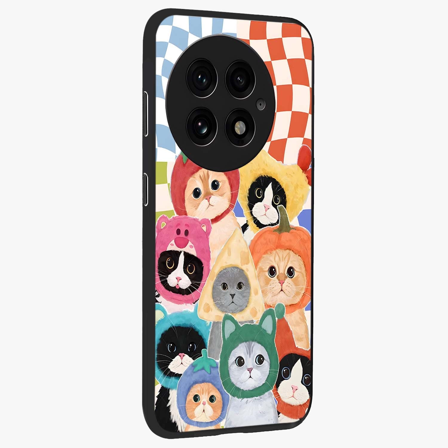 Cats in Fruits Glass Case for 1+13 side perspective highlighting fun detailing and premium smooth edges