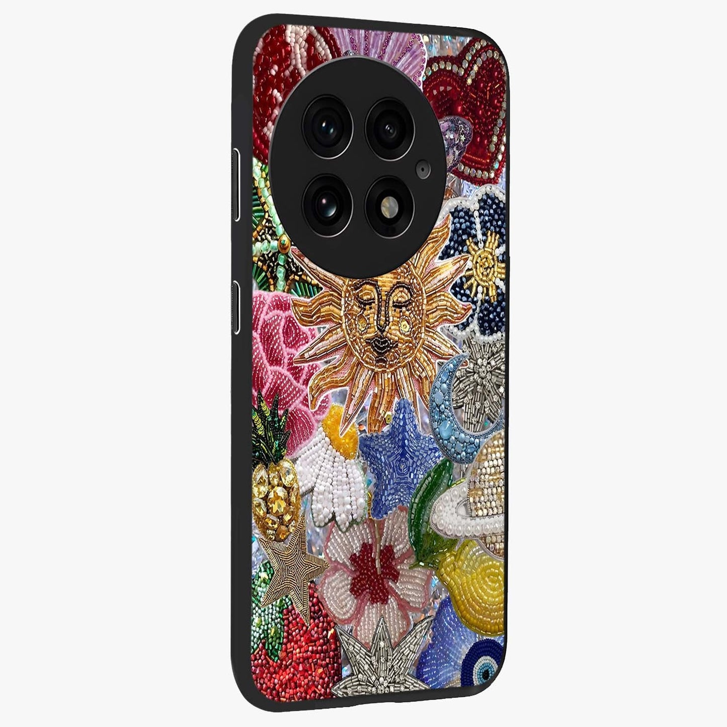 Celestial Floral and Playful Glass Case for 1+13 side perspective highlighting playful bloom textures and smooth edges