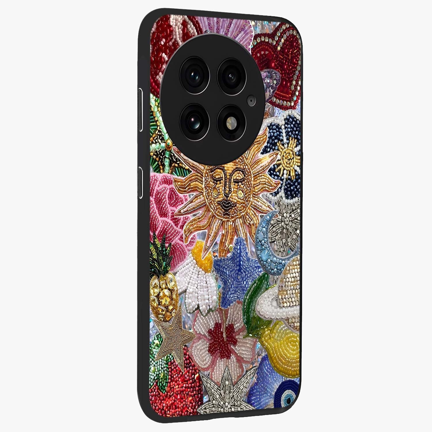 Celestial Floral and Playful Glass Case for 1+13 side perspective highlighting playful bloom textures and smooth edges