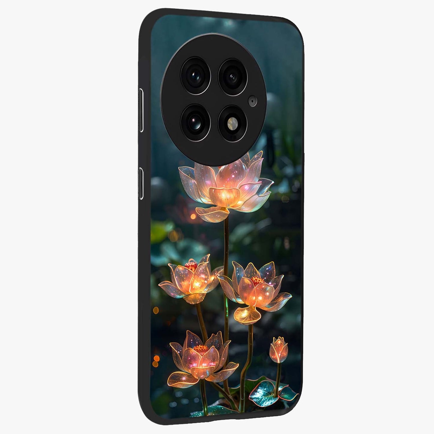 Celestial Lotus Light Glass Case for 1+13 side perspective highlighting delicate lotus detailing and premium finish