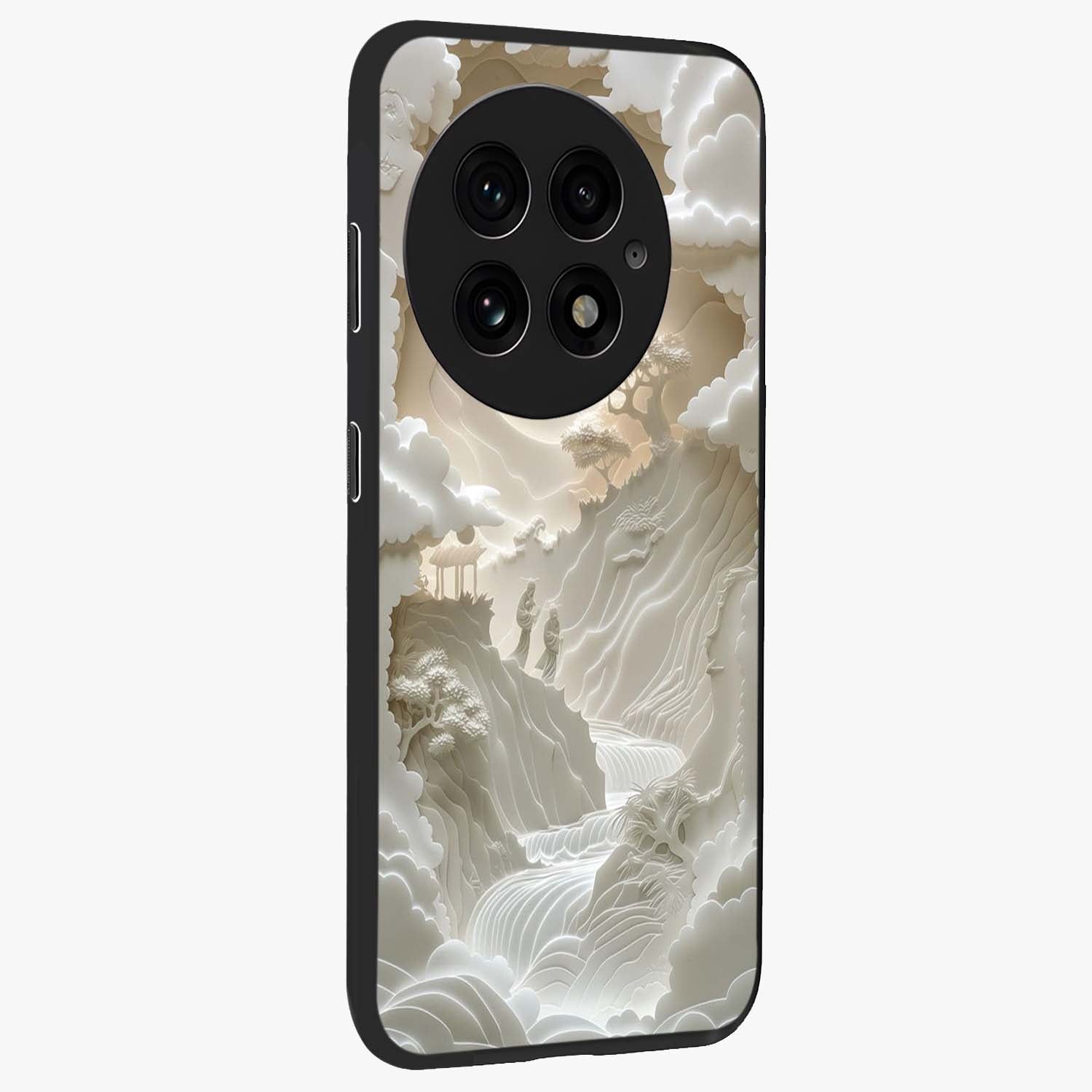 Celestial Origami Glass Case for 1+13 side perspective highlighting sharp detailing and smooth premium build