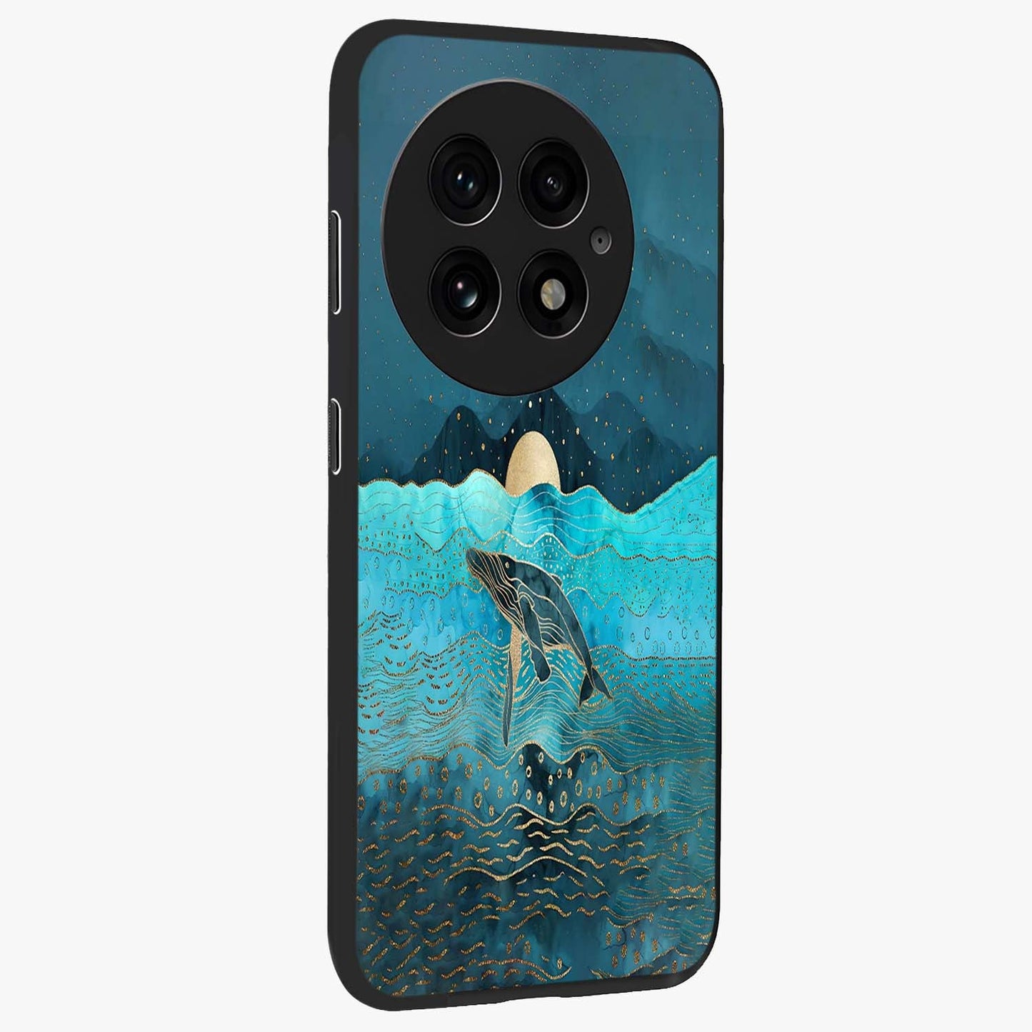 Celestial Whale Voyage Glass Case for 1+13 side perspective highlighting flowing whale illustration and premium detailing