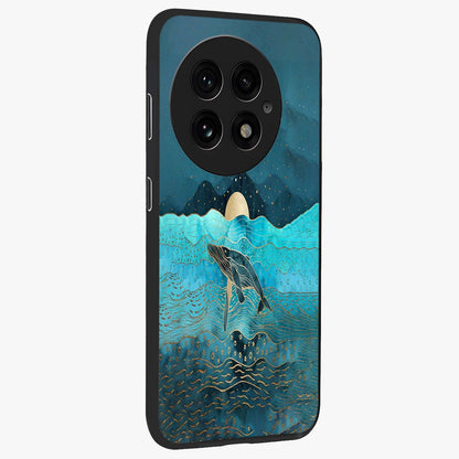 Celestial Whale Voyage Glass Case for 1+13 side perspective highlighting flowing whale illustration and premium detailing