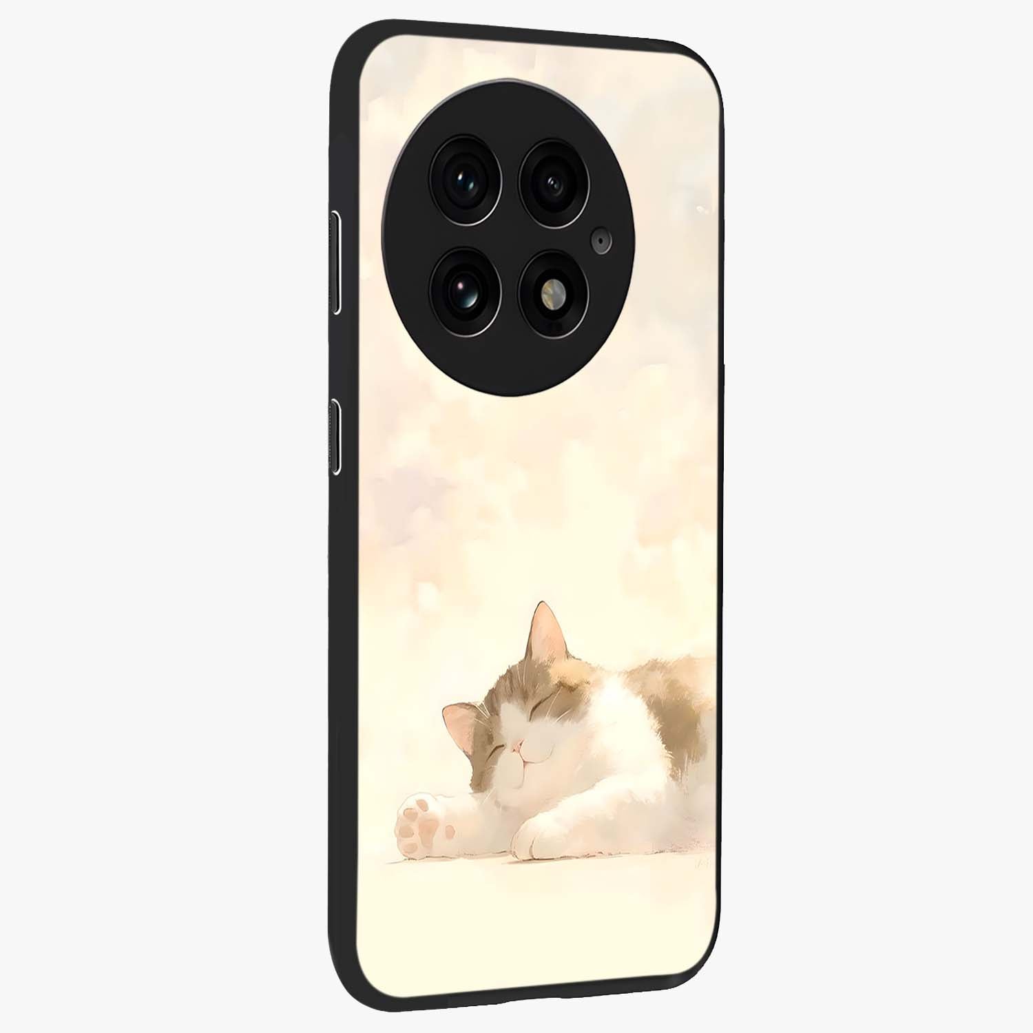 Cloud Nap Cat Glass Case for 1+13 side perspective highlighting charming feline details and premium edge finish