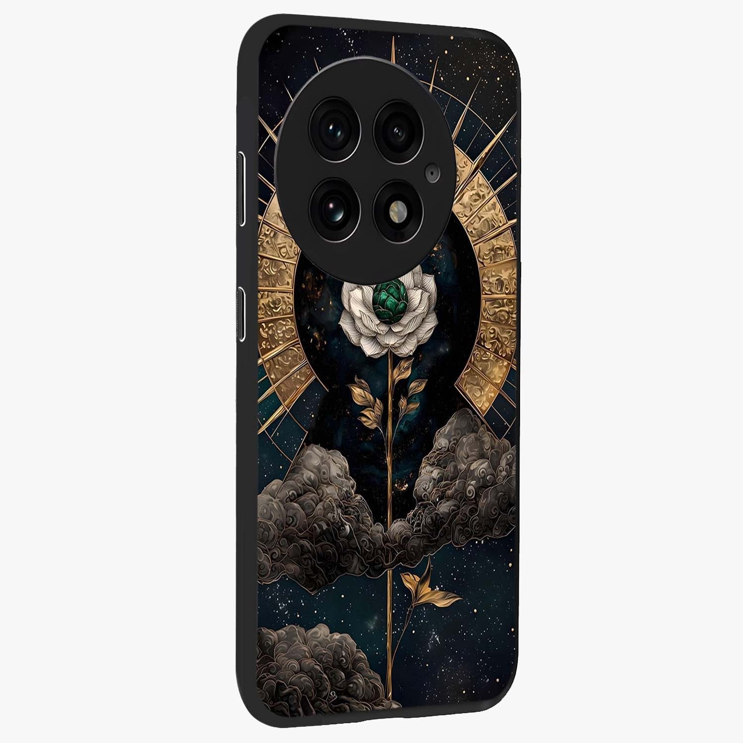 Cosmic Bloom Rose Glass Case for 1+13 side perspective highlighting glowing rose details and smooth premium build