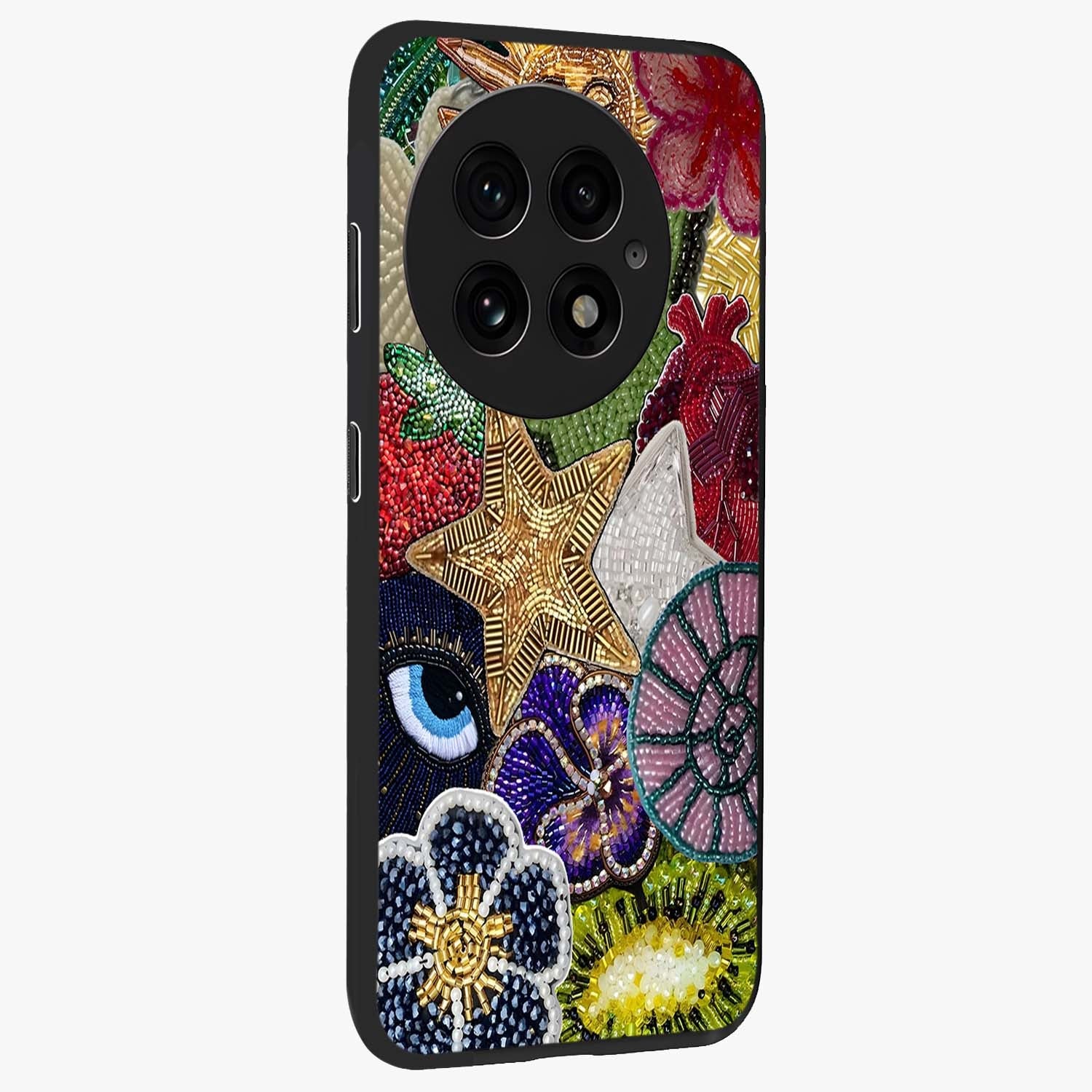 Cosmic Charm Shine Glass Case for 1+13 side perspective highlighting luminous detailing and sleek edge design