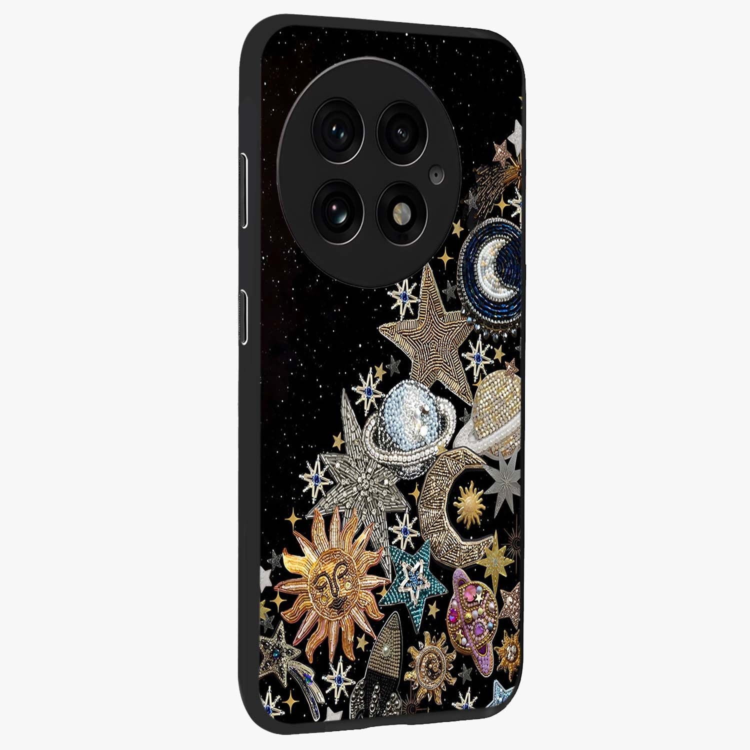 Cosmic Sparkle Dreams Glass Case for 1+13 side perspective highlighting shimmering textures and sleek edges