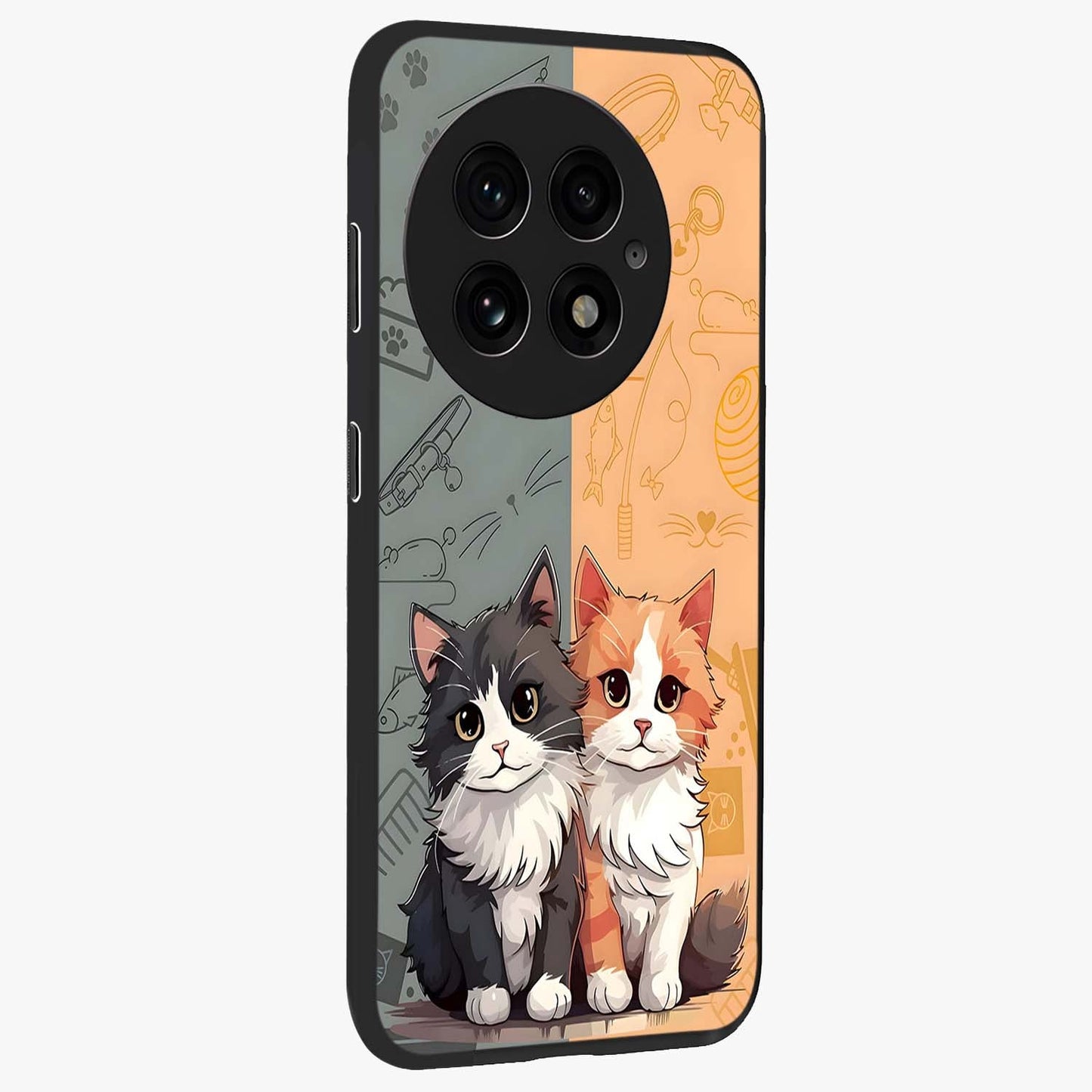 Cozy Cat Duo Glass Case for 1+13 side perspective highlighting playful cat detailing and sleek edges