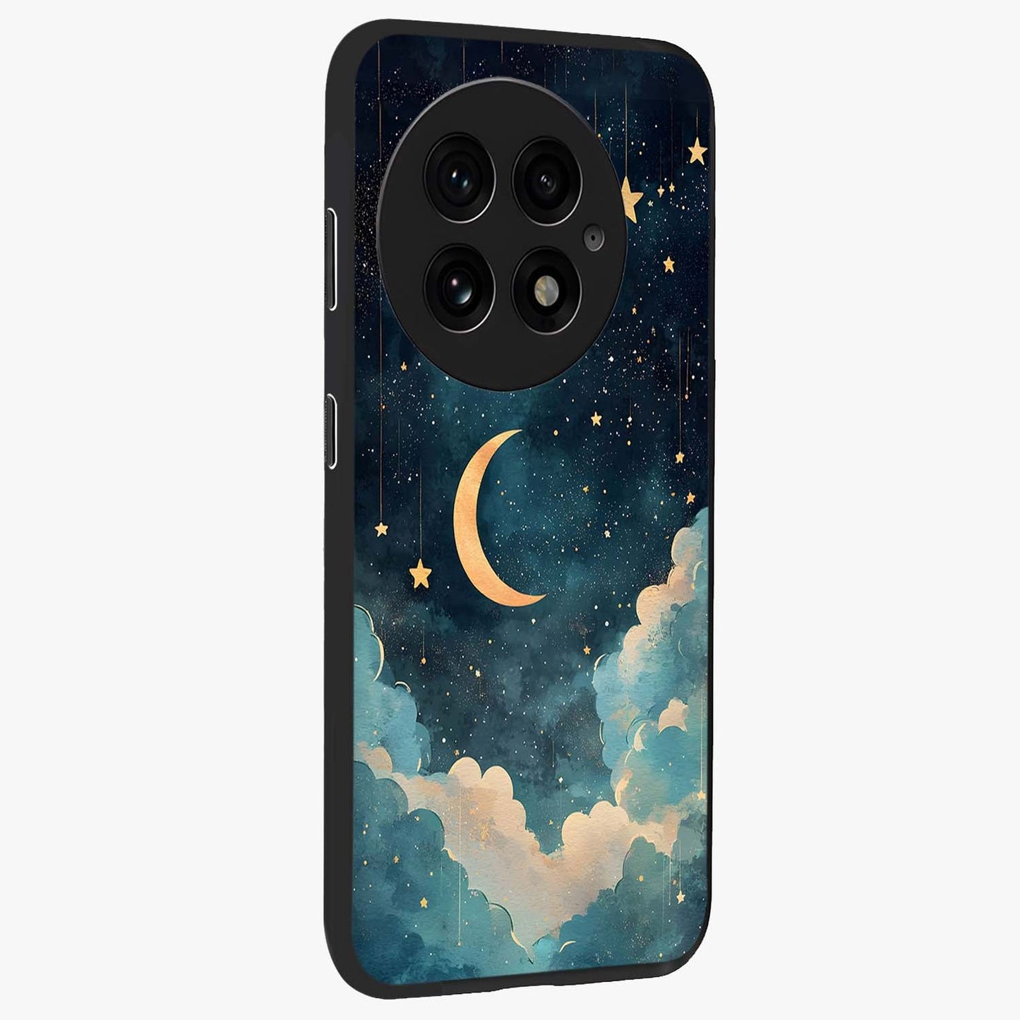 Crescent Galaxy Moon Glass Case for 1+13 side perspective highlighting luminous moon details and premium build