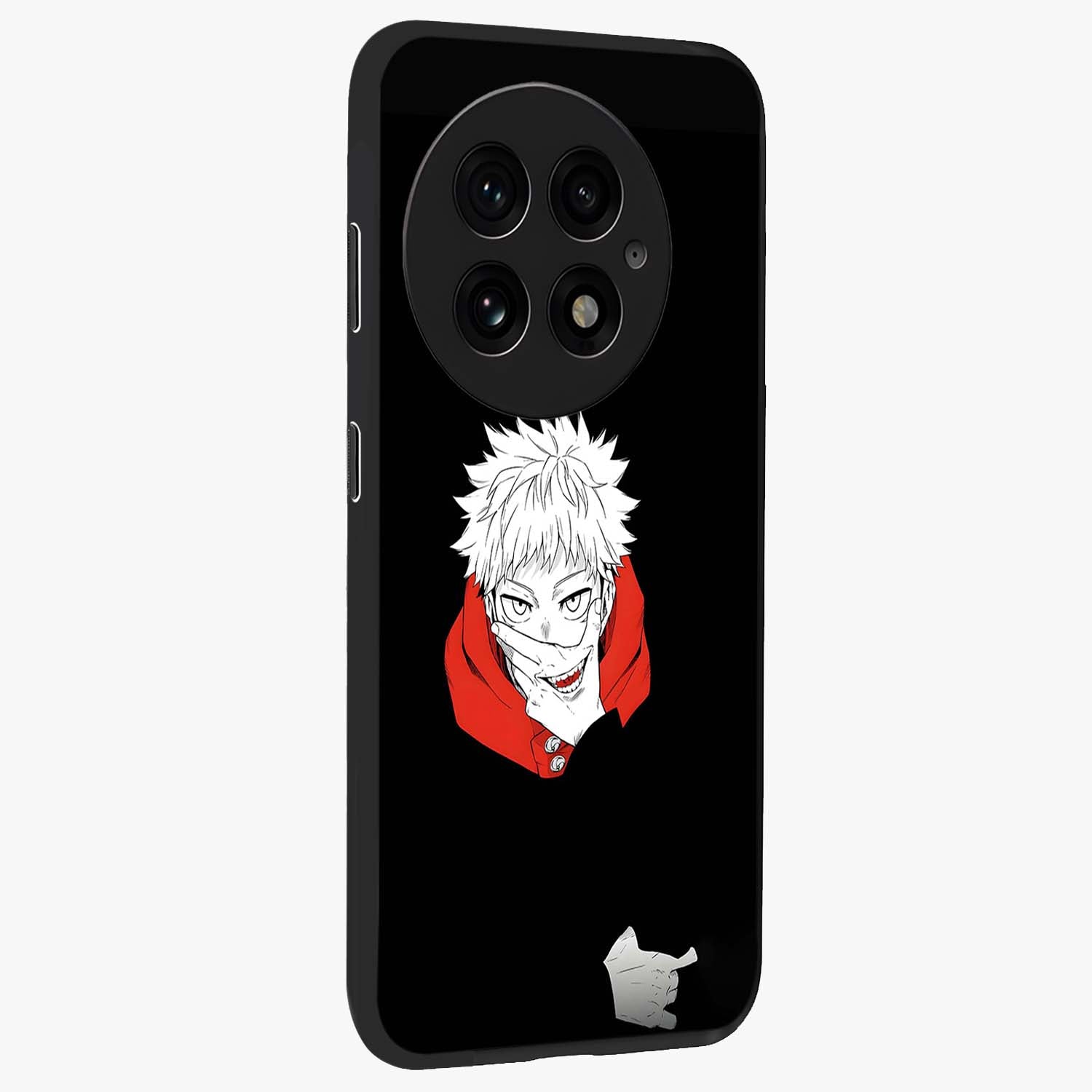 Crimson Chaos Smile Glass Case for 1+13 side perspective highlighting intense color contrast and sleek edges